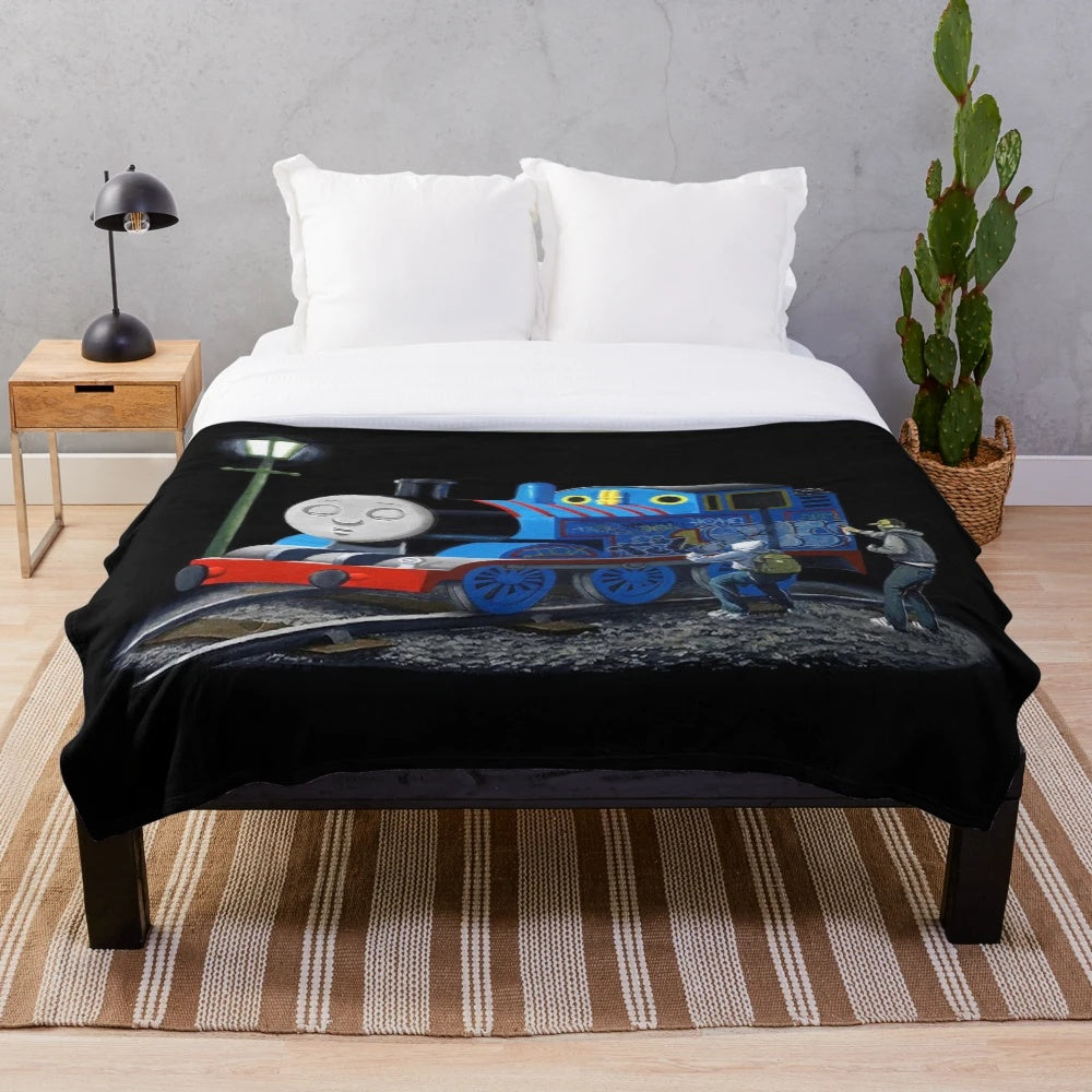 Banksy-style graffiti plush blanket featuring Thomas the Tank Engine cartoon character