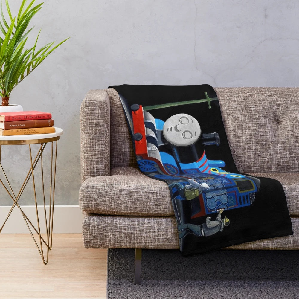 Banksy-style graffiti plush blanket featuring Thomas the Tank Engine cartoon character