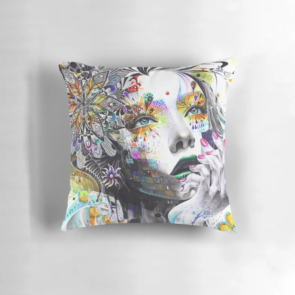 Colorful pillow featuring a Banksy-style graffiti design of a monkey DJ with headphones