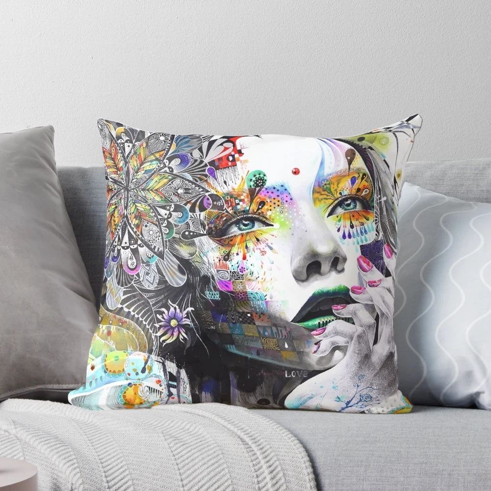 Colorful pillow featuring a Banksy-style graffiti design of a monkey DJ with headphones