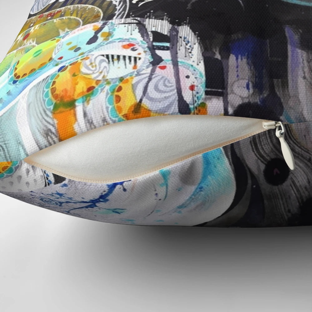 Colorful pillow featuring a Banksy-style graffiti design of a monkey DJ with headphones