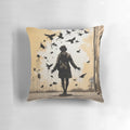 Throw pillow featuring a woman's face in a stencil graffiti style, inspired by the street art of Banksy.