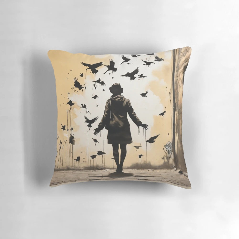 Throw pillow featuring a woman's face in a stencil graffiti style, inspired by the street art of Banksy.