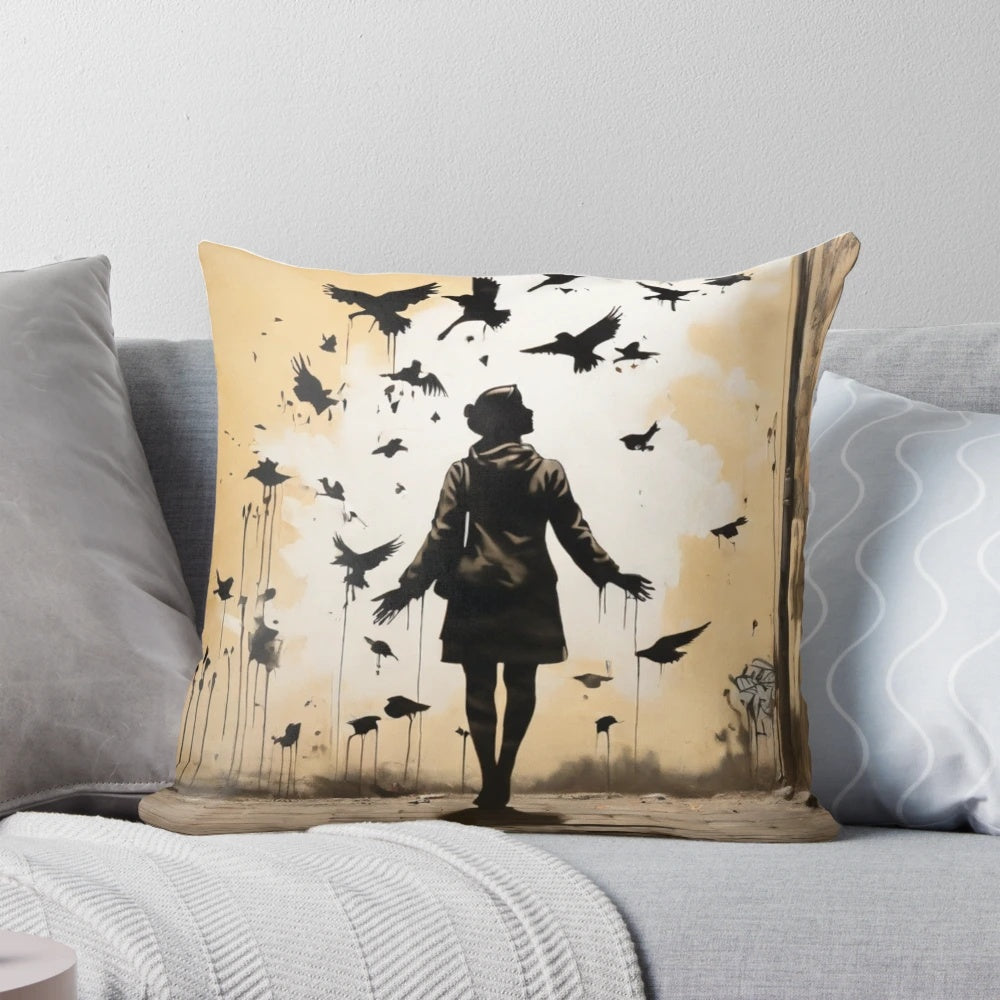 Throw pillow featuring a woman's face in a stencil graffiti style, inspired by the street art of Banksy.