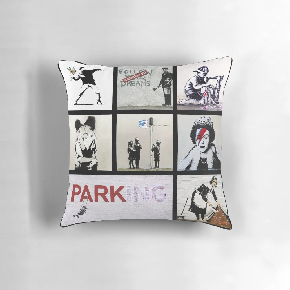 Banksy Montage Artwork Pillow featuring various Banksy graffiti and stencil art designs