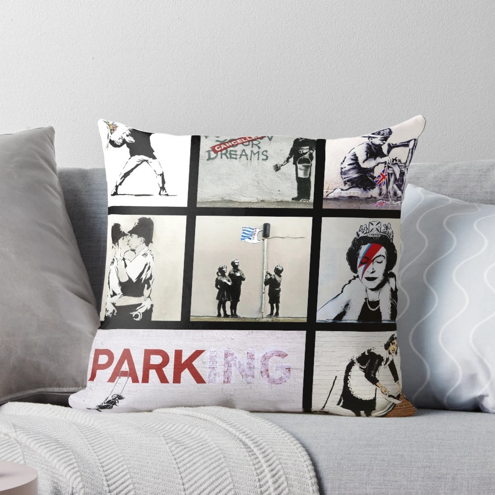 Banksy Montage Artwork Pillow featuring various Banksy graffiti and stencil art designs