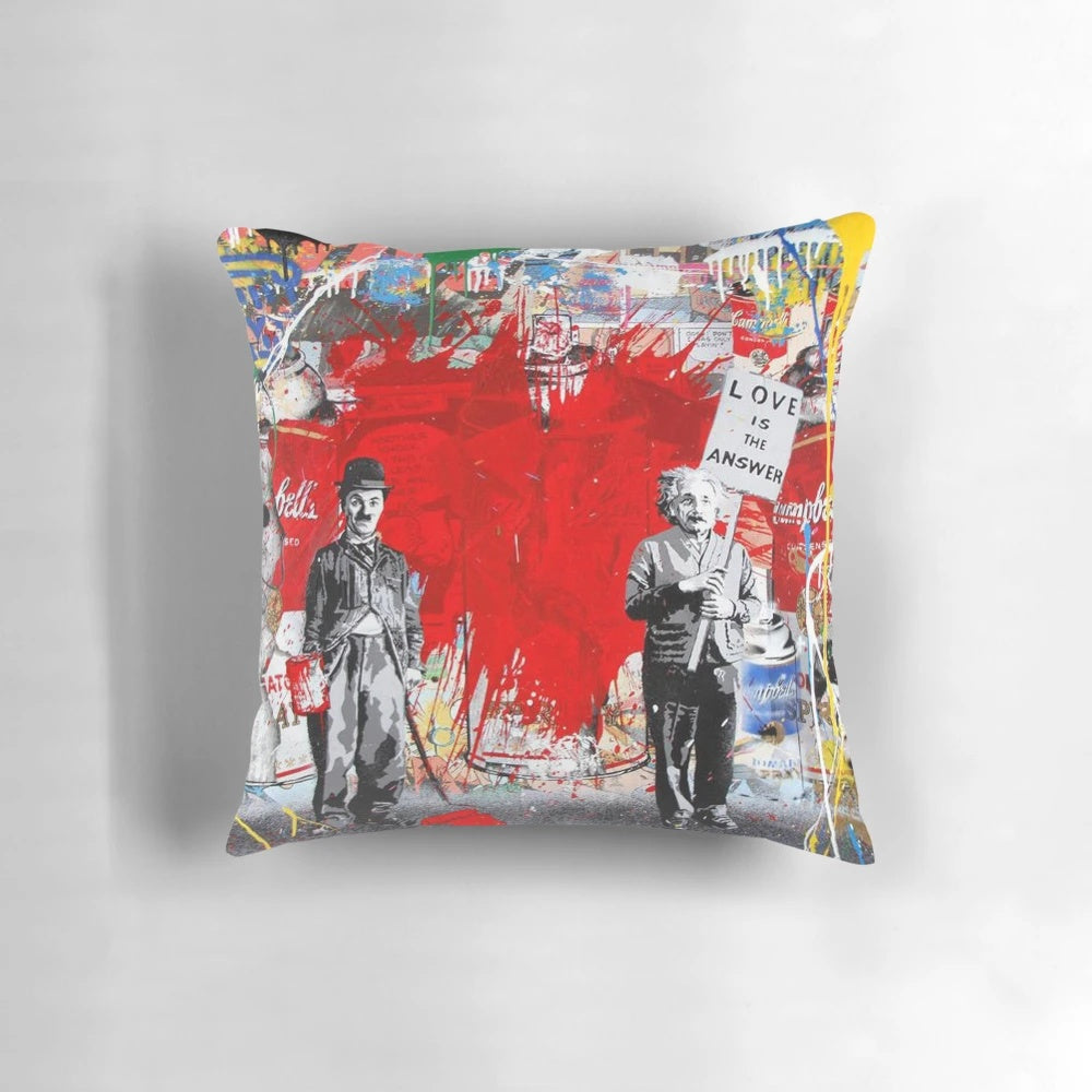 Banksy Mr. Brainwash vintage-inspired poster printed on a soft, cozy pillow for kids