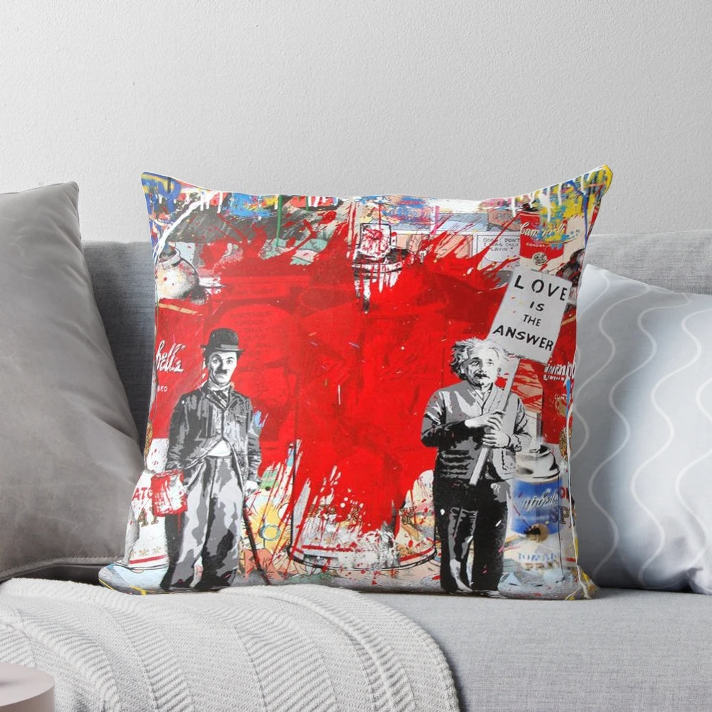 Banksy Mr. Brainwash vintage-inspired poster printed on a soft, cozy pillow for kids