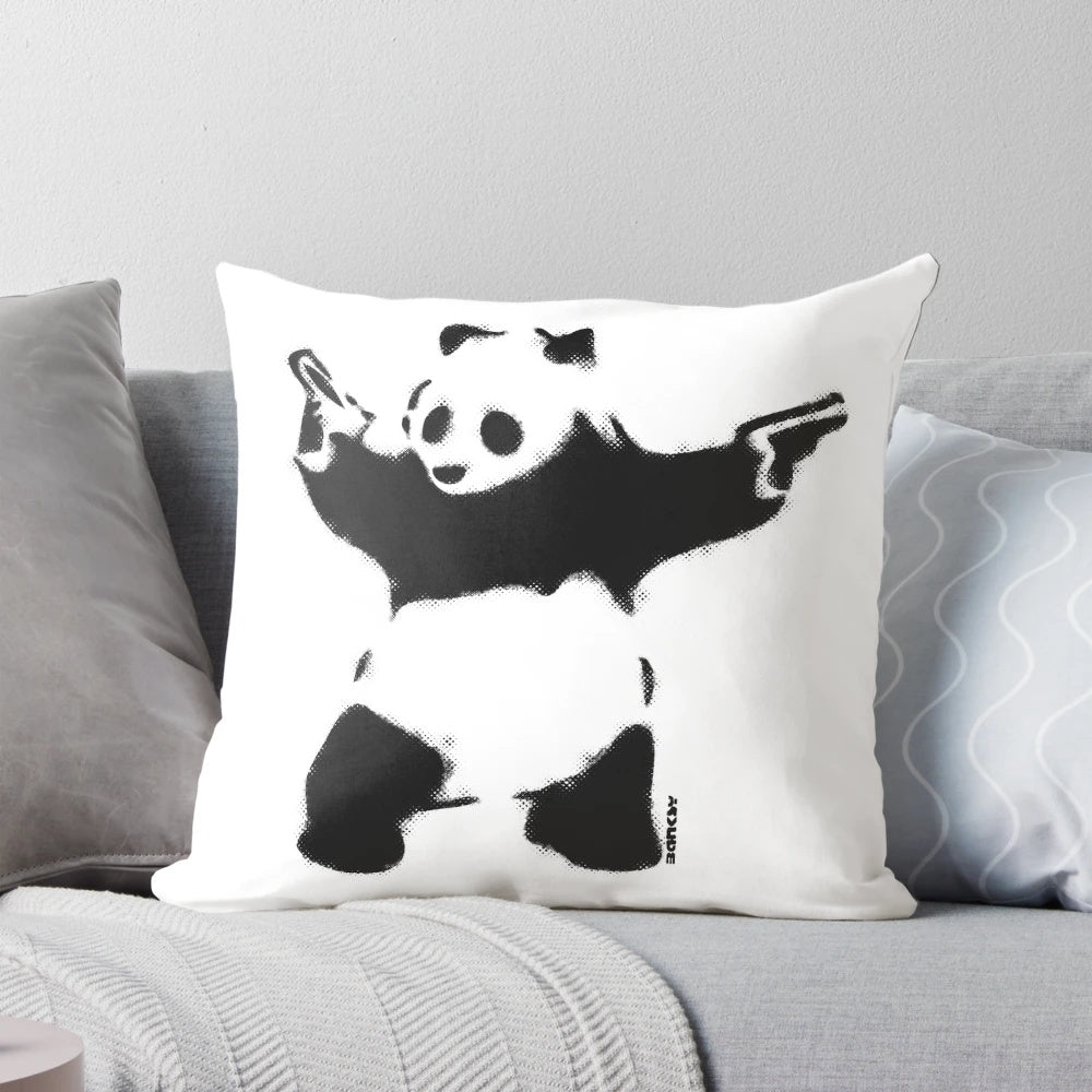Banksy-inspired panda with guns stencil graffiti art on a high-quality pillow