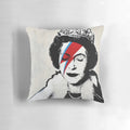 Colorful Banksy-style pop art portrait of Queen Elizabeth on a decorative throw pillow