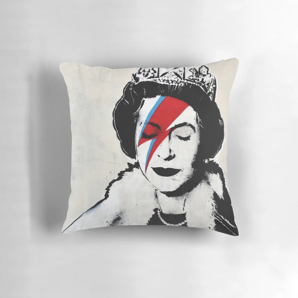 Colorful Banksy-style pop art portrait of Queen Elizabeth on a decorative throw pillow