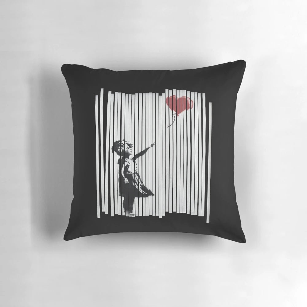 Banksy Shredded Balloon Girl Pillow, featuring the iconic street art image of a girl with a flower.