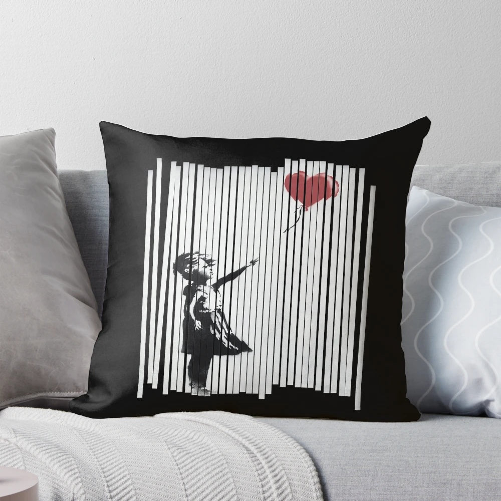 Banksy Shredded Balloon Girl Pillow, featuring the iconic street art image of a girl with a flower.