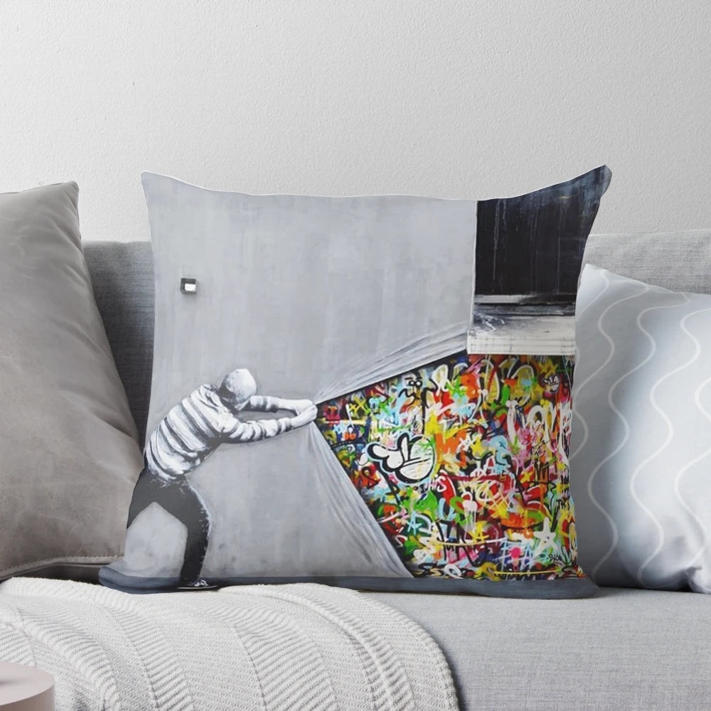 Banksy Uncovering Street Art Pillow - Stylish Urban Decor
