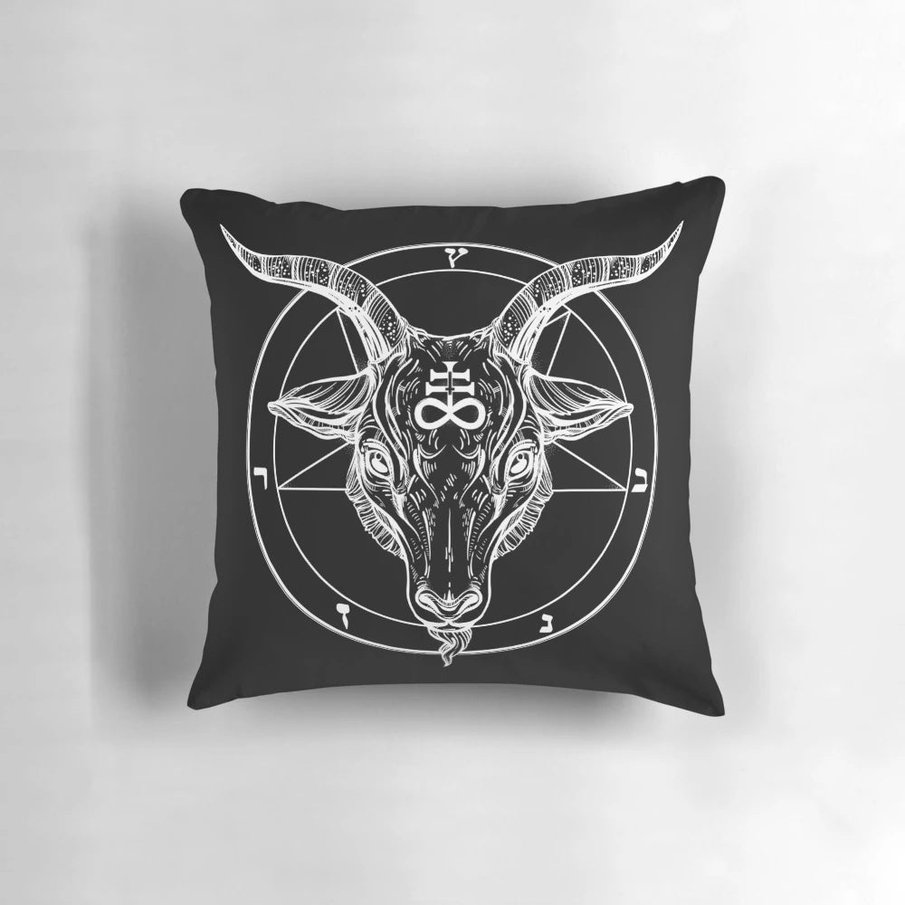 Baphomet goat head with reverse pentagram and occult symbols on a pillow
