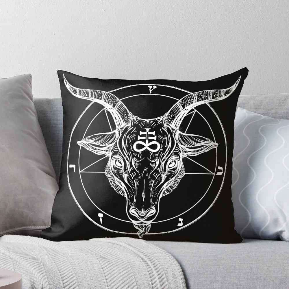Baphomet goat head with reverse pentagram and occult symbols on a pillow