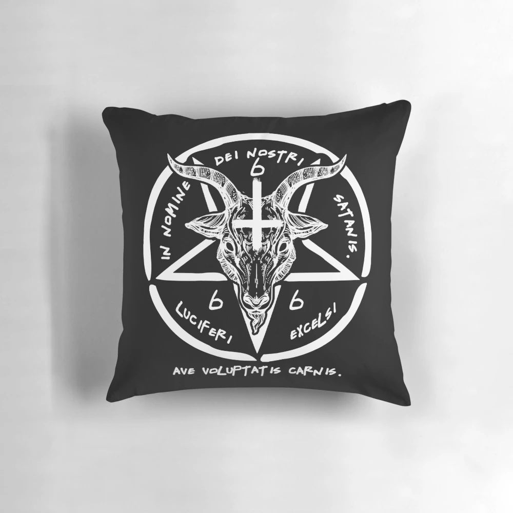 A decorative pillow featuring the Baphomet symbol, the Sigil of Satan, and occult imagery for a gothic, pagan, or satanic home decor aesthetic.