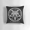A decorative pillow featuring the Baphomet symbol, the Sigil of Satan, and occult imagery for a gothic, pagan, or satanic home decor aesthetic.