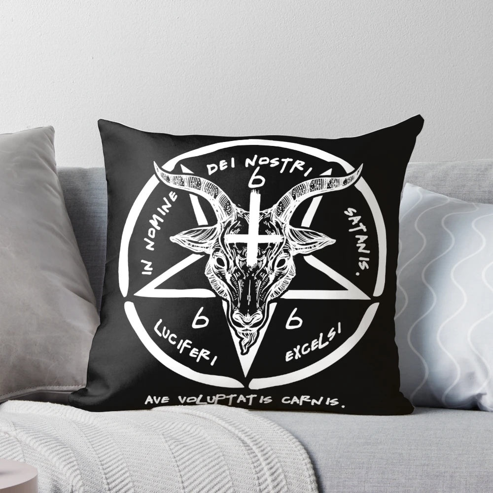 A decorative pillow featuring the Baphomet symbol, the Sigil of Satan, and occult imagery for a gothic, pagan, or satanic home decor aesthetic.