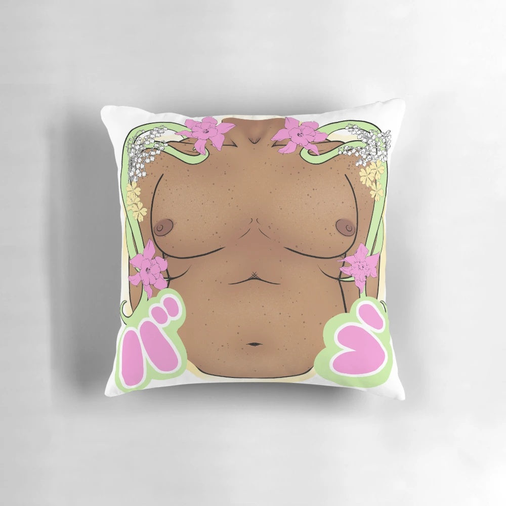 Bara muscular male figure with flowers and freckled skin in a springtime scene