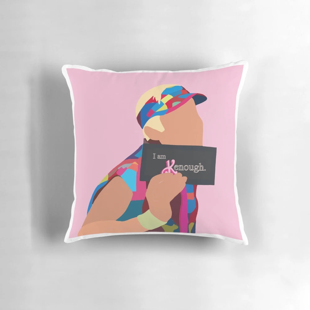 Barbie Movie 'I Am Kenough' Decorative Pillow featuring a mugshot-style image of Ken doll