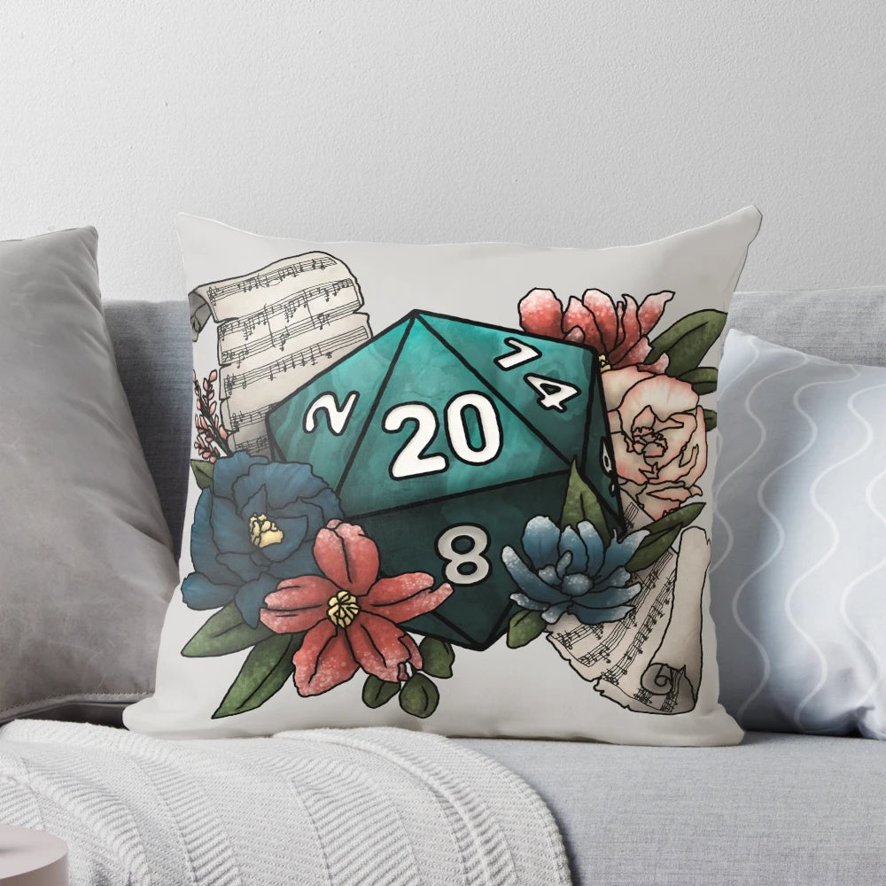Bard Class D20 Tabletop Gaming Dice Pillow - A cozy and stylish accessory for Dungeons and Dragons enthusiasts.