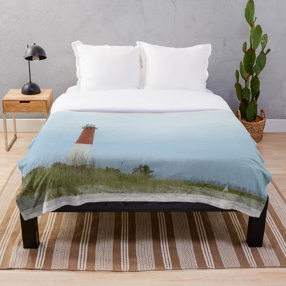 Barnegat Lighthouse plush blanket featuring the iconic lighthouse on Long Beach Island, New Jersey
