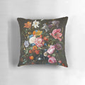 Vibrant, colorful pillow featuring the Baroque floral painting "Vase of Flowers" by Dutch artist Jan Davidsz. de Heem, showcasing a bouquet of flowers including lilies, tulips, and roses.