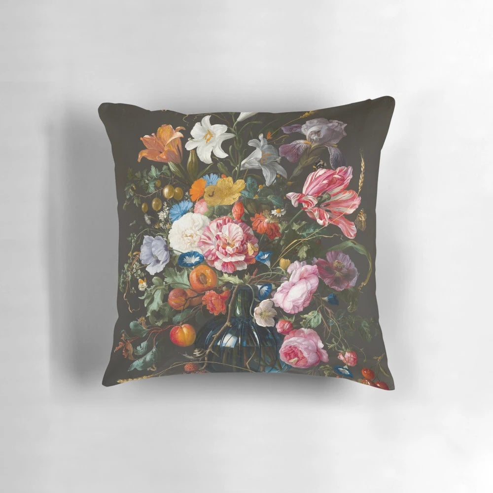 Vibrant, colorful pillow featuring the Baroque floral painting "Vase of Flowers" by Dutch artist Jan Davidsz. de Heem, showcasing a bouquet of flowers including lilies, tulips, and roses.