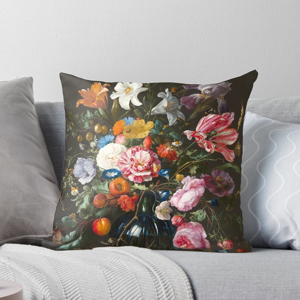 Vibrant, colorful pillow featuring the Baroque floral painting "Vase of Flowers" by Dutch artist Jan Davidsz. de Heem, showcasing a bouquet of flowers including lilies, tulips, and roses.