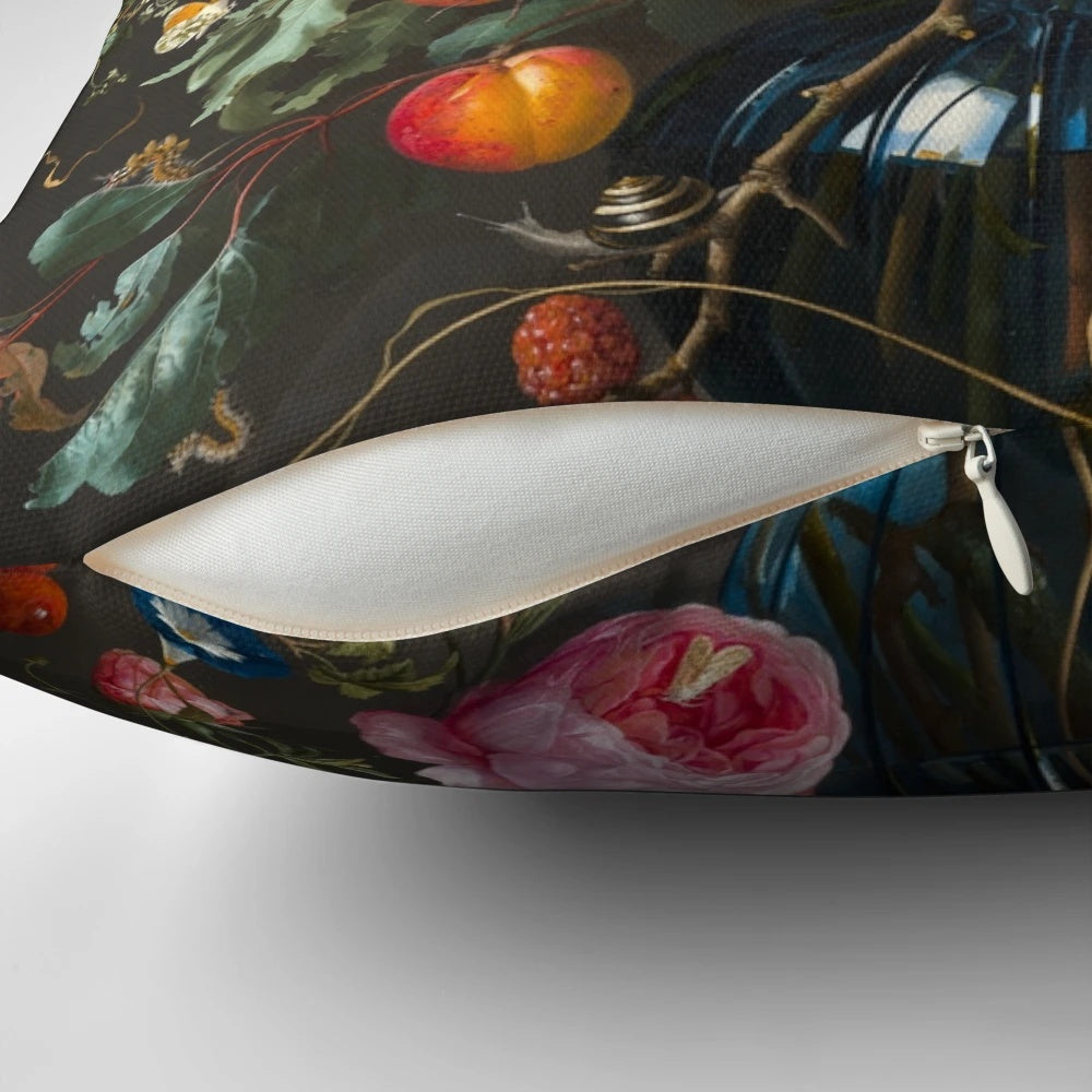 Vibrant, colorful pillow featuring the Baroque floral painting "Vase of Flowers" by Dutch artist Jan Davidsz. de Heem, showcasing a bouquet of flowers including lilies, tulips, and roses.