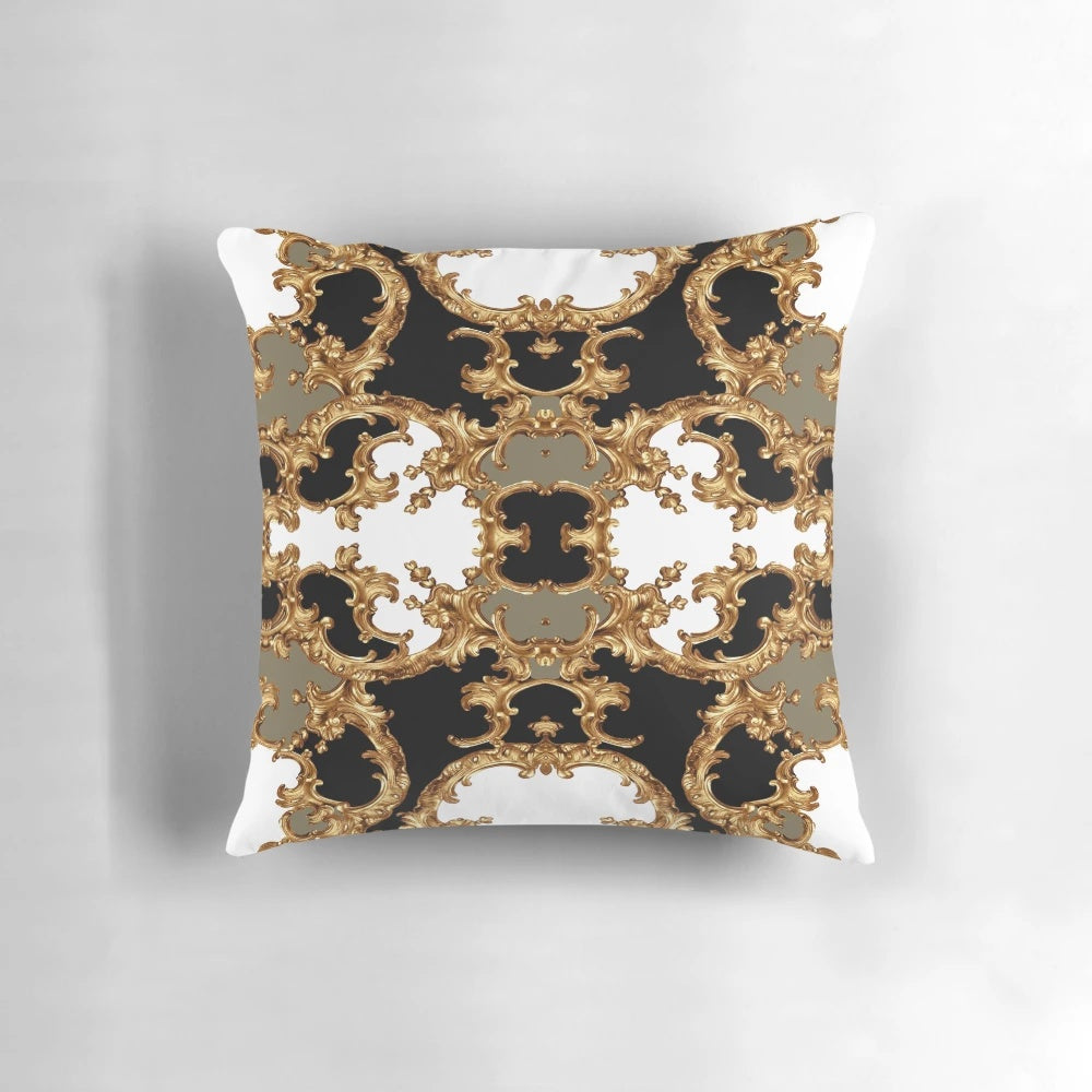 A golden ornamental pillow with a baroque-style design and symmetrical pattern.
