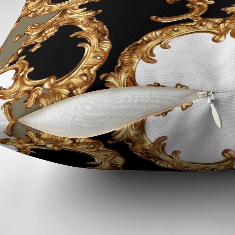A golden ornamental pillow with a baroque-style design and symmetrical pattern.