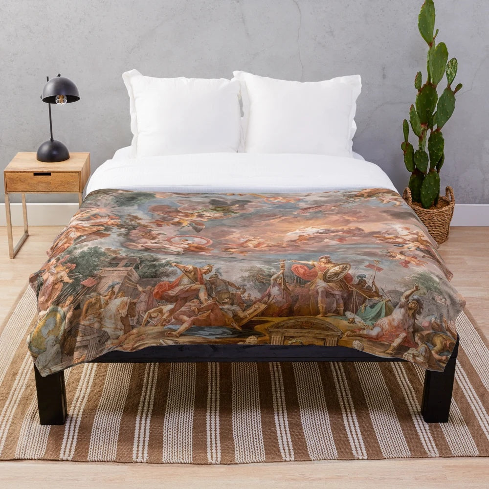 Baroque-inspired plush blanket with a celestial ceiling mural design featuring angels and clouds