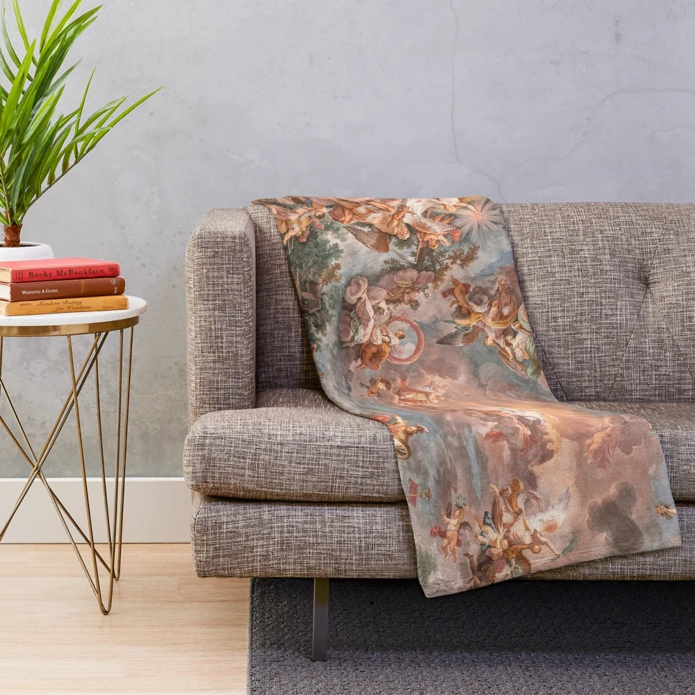 Baroque-inspired plush blanket with a celestial ceiling mural design featuring angels and clouds