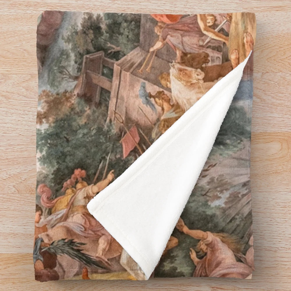 Baroque-inspired plush blanket with a celestial ceiling mural design featuring angels and clouds