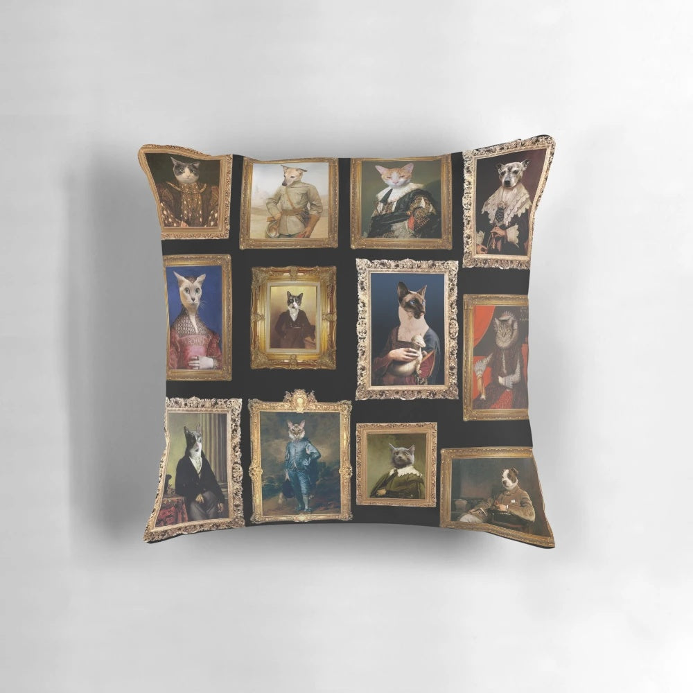 Decorative throw pillow featuring a baroque-style pet portrait in a gallery art design.