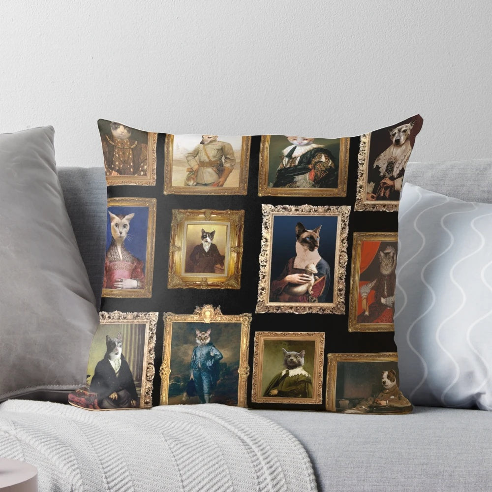 Decorative throw pillow featuring a baroque-style pet portrait in a gallery art design.