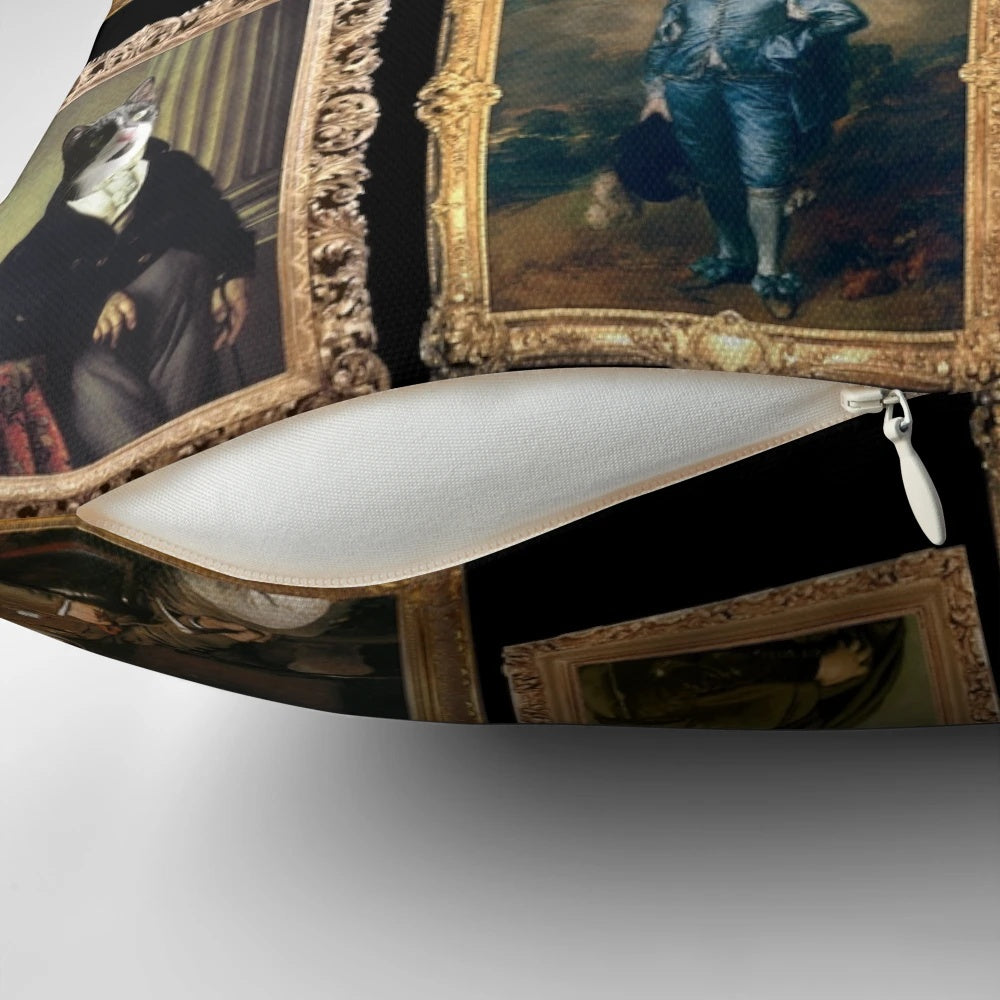 Decorative throw pillow featuring a baroque-style pet portrait in a gallery art design.