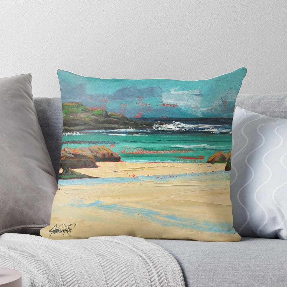 Barra Breeze 1 Pillow featuring a stunning Scottish landscape with a horizonline, sky, and sea.