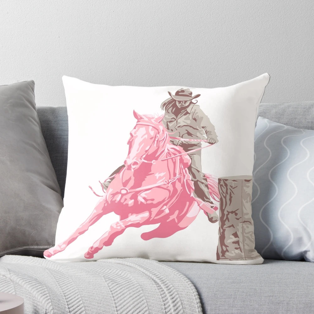 Barrel rider pillow in sand and blush pink colors, featuring a western, equestrian design