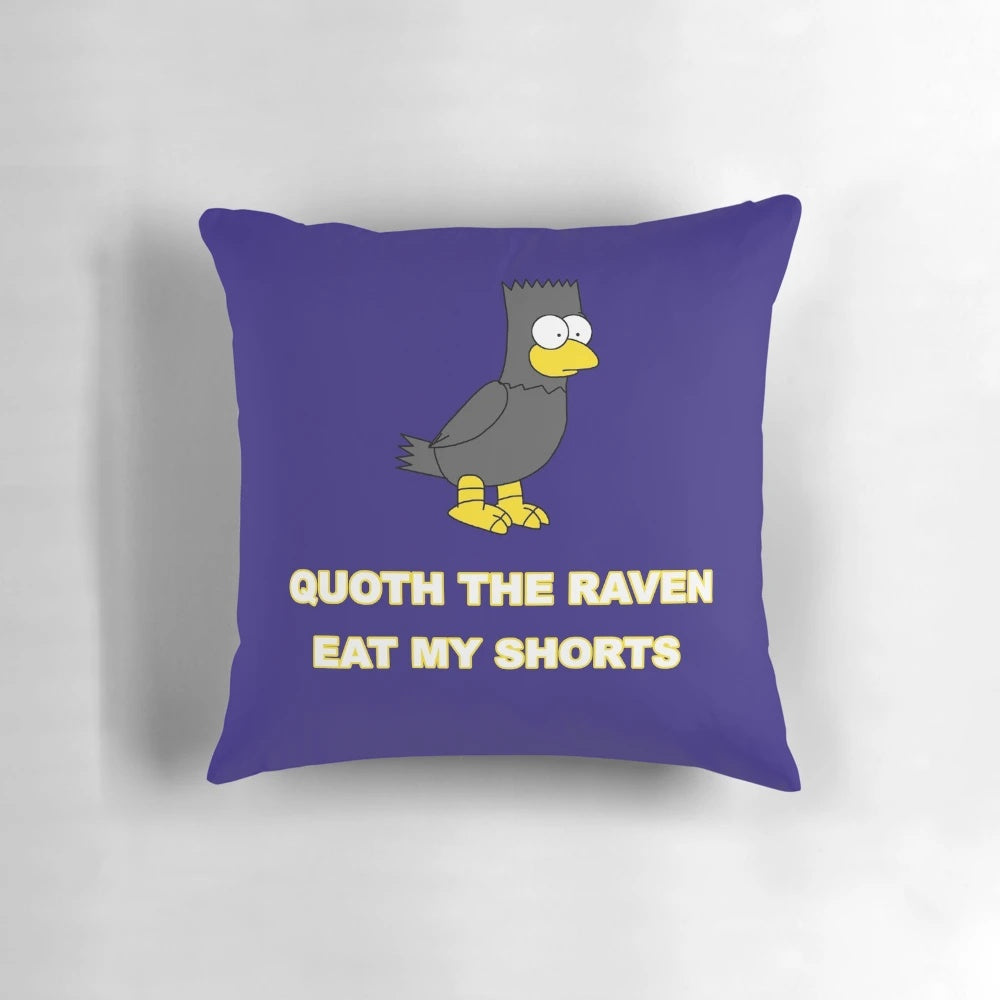 Bart Simpson dressed as Edgar Allan Poe holding a raven with "Nevermore" text on a Halloween-themed pillow