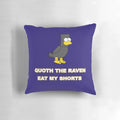 Bart Simpson dressed as Edgar Allan Poe holding a raven with "Nevermore" text on a Halloween-themed pillow
