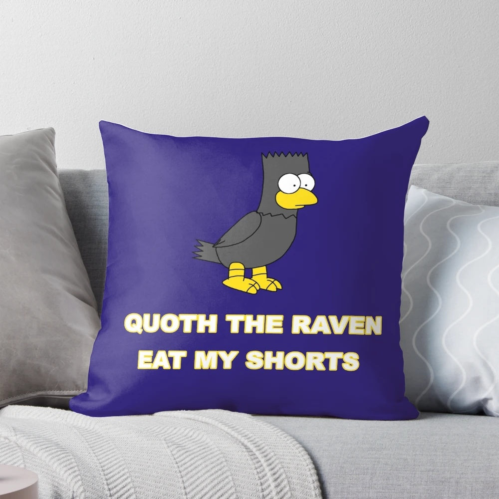 Bart Simpson dressed as Edgar Allan Poe holding a raven with "Nevermore" text on a Halloween-themed pillow