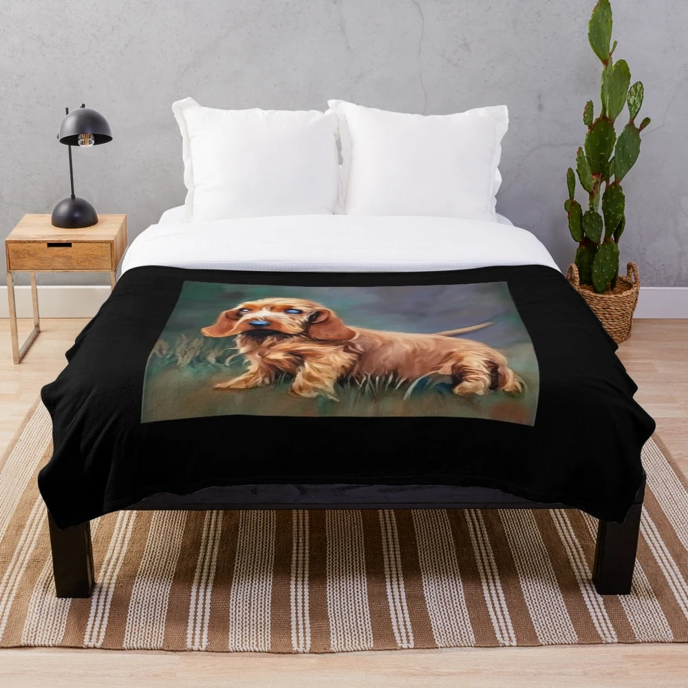 Basset Fauve de Bretagne dog portrait on a plush blanket