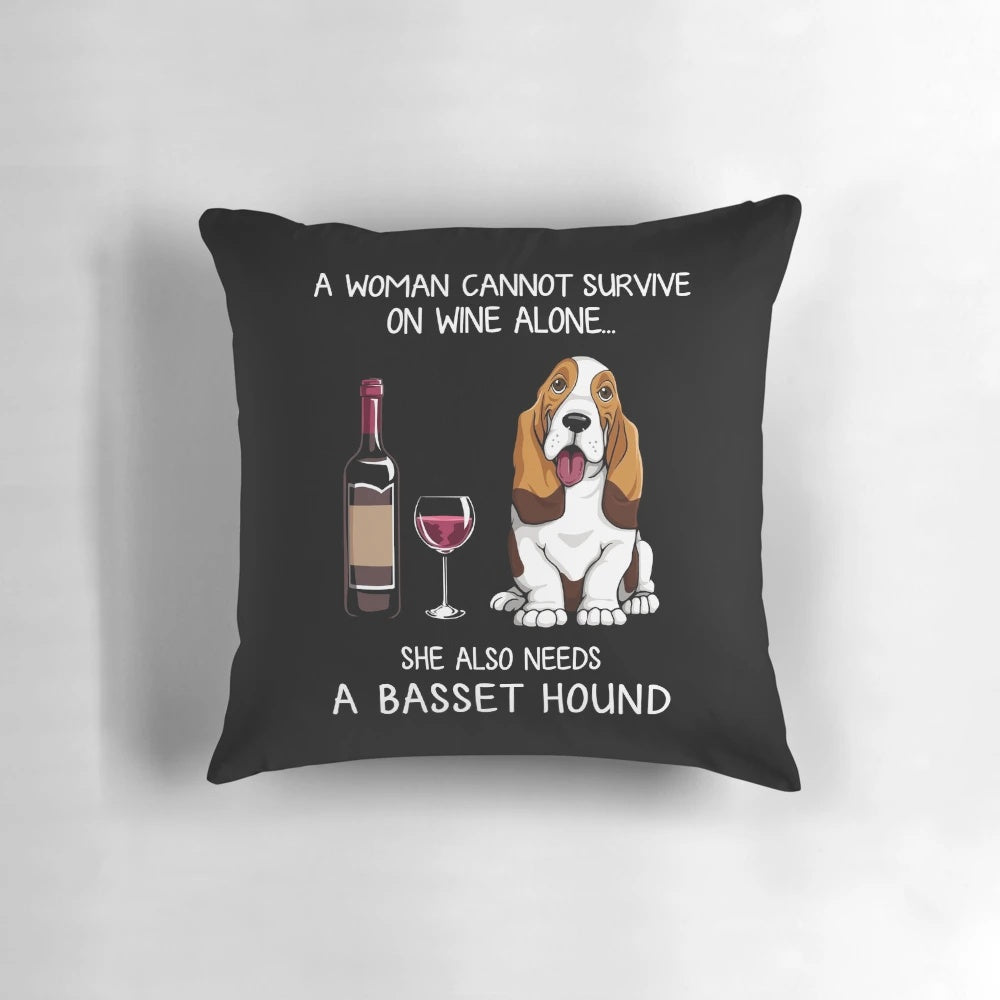 A decorative pillow featuring a basset hound dog and wine glass design, ideal for dog mom gifts and home decor.
