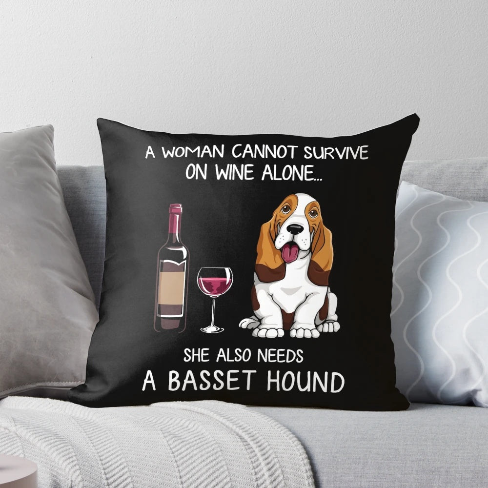A decorative pillow featuring a basset hound dog and wine glass design, ideal for dog mom gifts and home decor.