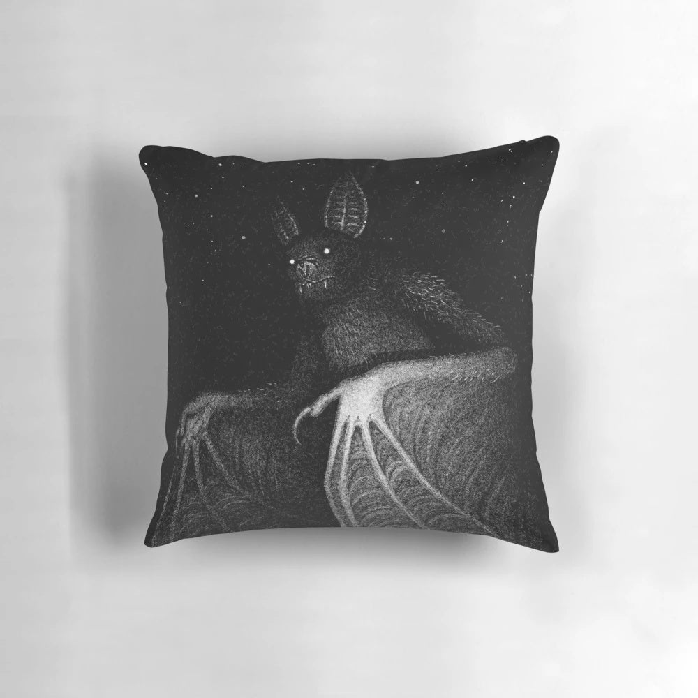 Bat-themed decorative pillow with Drawlloween design