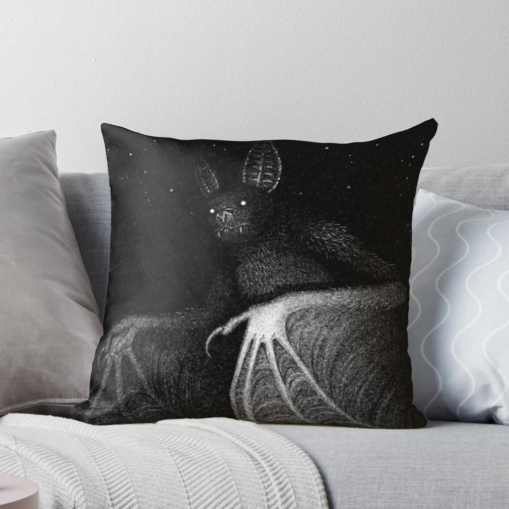 Bat-themed decorative pillow with Drawlloween design