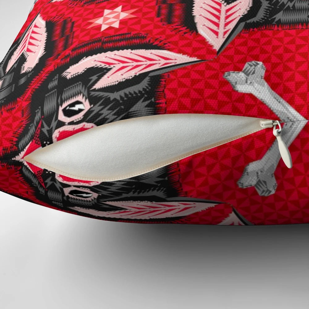 A throw pillow featuring a geometric bat head pattern in black and red, perfect for gothic and vampire-themed home decor.